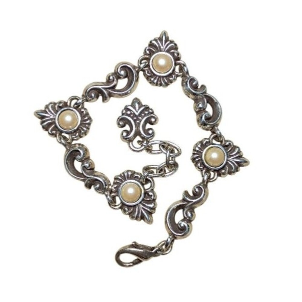 Vintage Brighton Pearl Silver Plated Scroll Bracelet